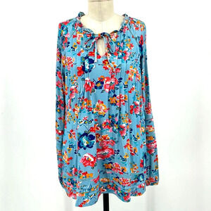 Tolani Collection Blue Floral Pintuck Jersey Long Sleeve Blouse Top‎ Size Small